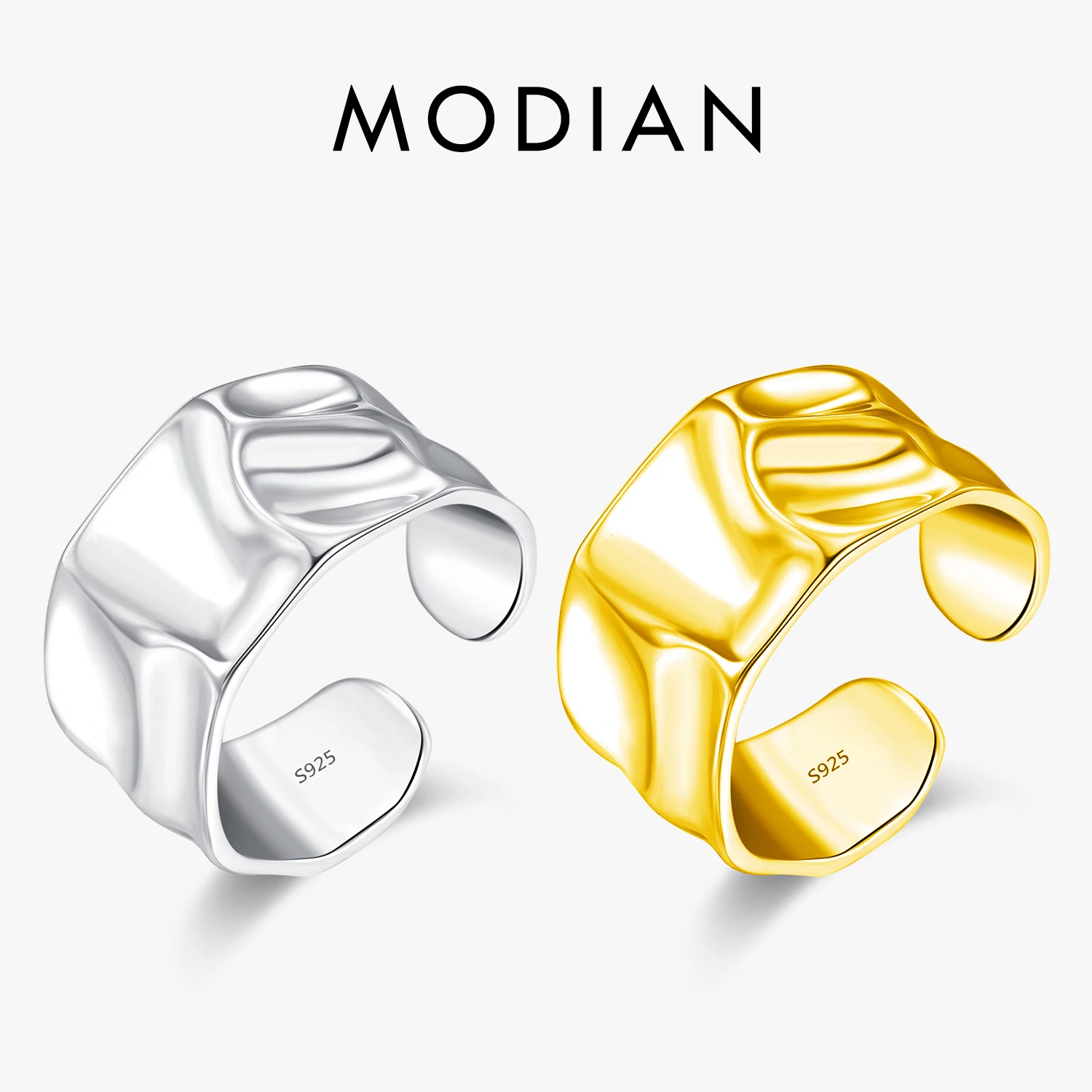 

MODIAN 925 Sterling Silver Irregular Texture Fashion Stackable Finger Ring Wide Style Adjustable Fine Jewelry For Women