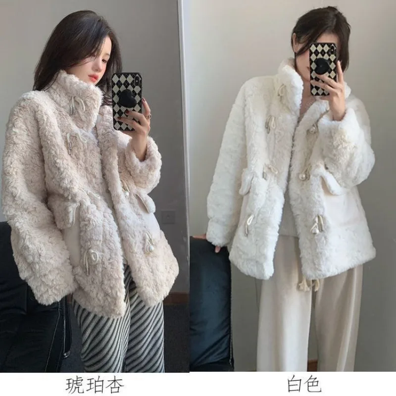 2024 New Lamb Wool Add Cotton and Thicken Coat Winter Korean Version Faux Fur Outwear Mid Length Version Women\'s Thick Overcoat