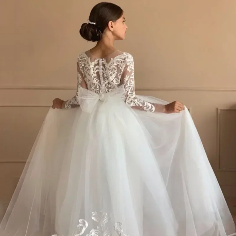 Tule flory apliques com arco manga longa para festa de aniversário de casamento banquete vestido de comunhão sagrada vestidos da menina de flor branco