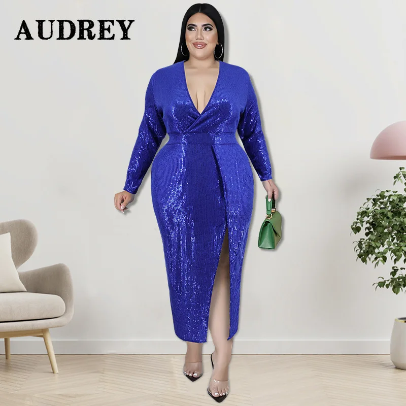 

Plus Size Dresses for Women Sexy V Neck Long Sleeve Skinny High Waist Slit Sequined Long Luxury Elegant Evening Dress Party