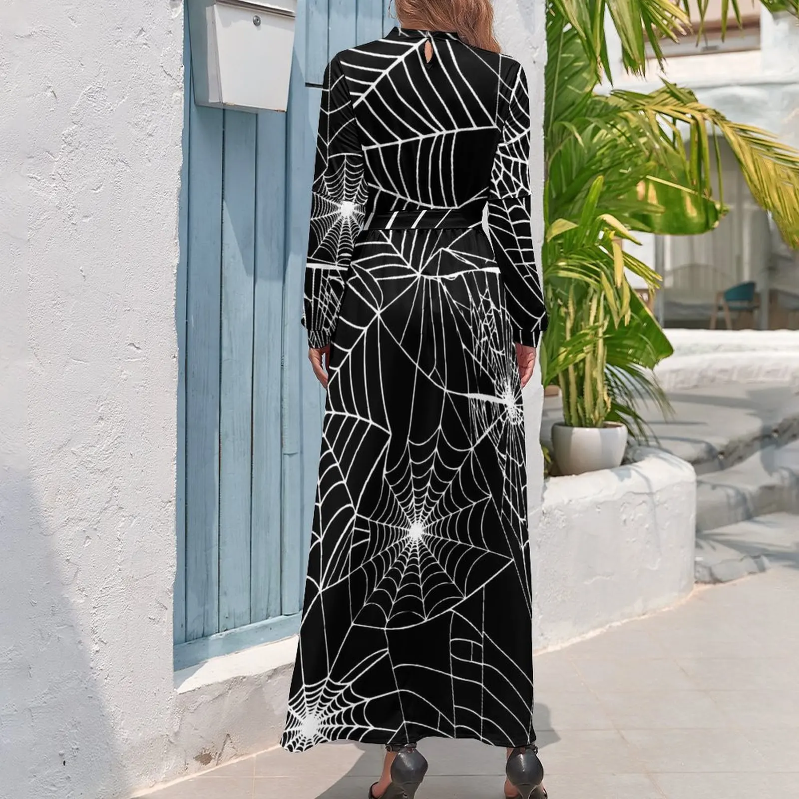 Spooky Halloween Dress manica lunga Spider Web elegante Maxi abito collo alto Design estetico Boho Beach abiti lunghi regalo