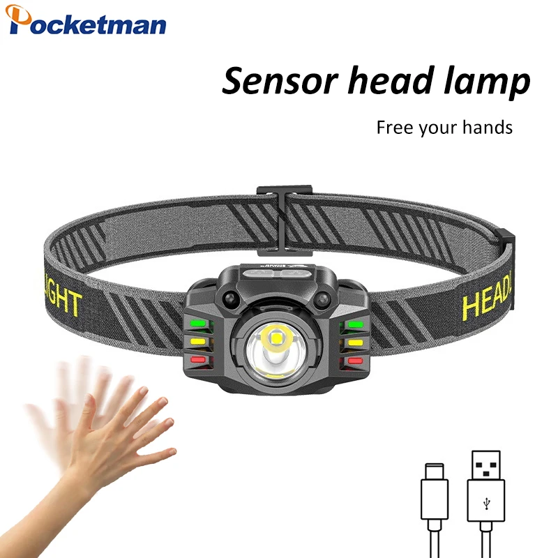 

Smart Motion Sensor Headlamp 4 Lighting Modes Type-C USB Rechargeable Headlight High Power LED Head Lamp with Power Display