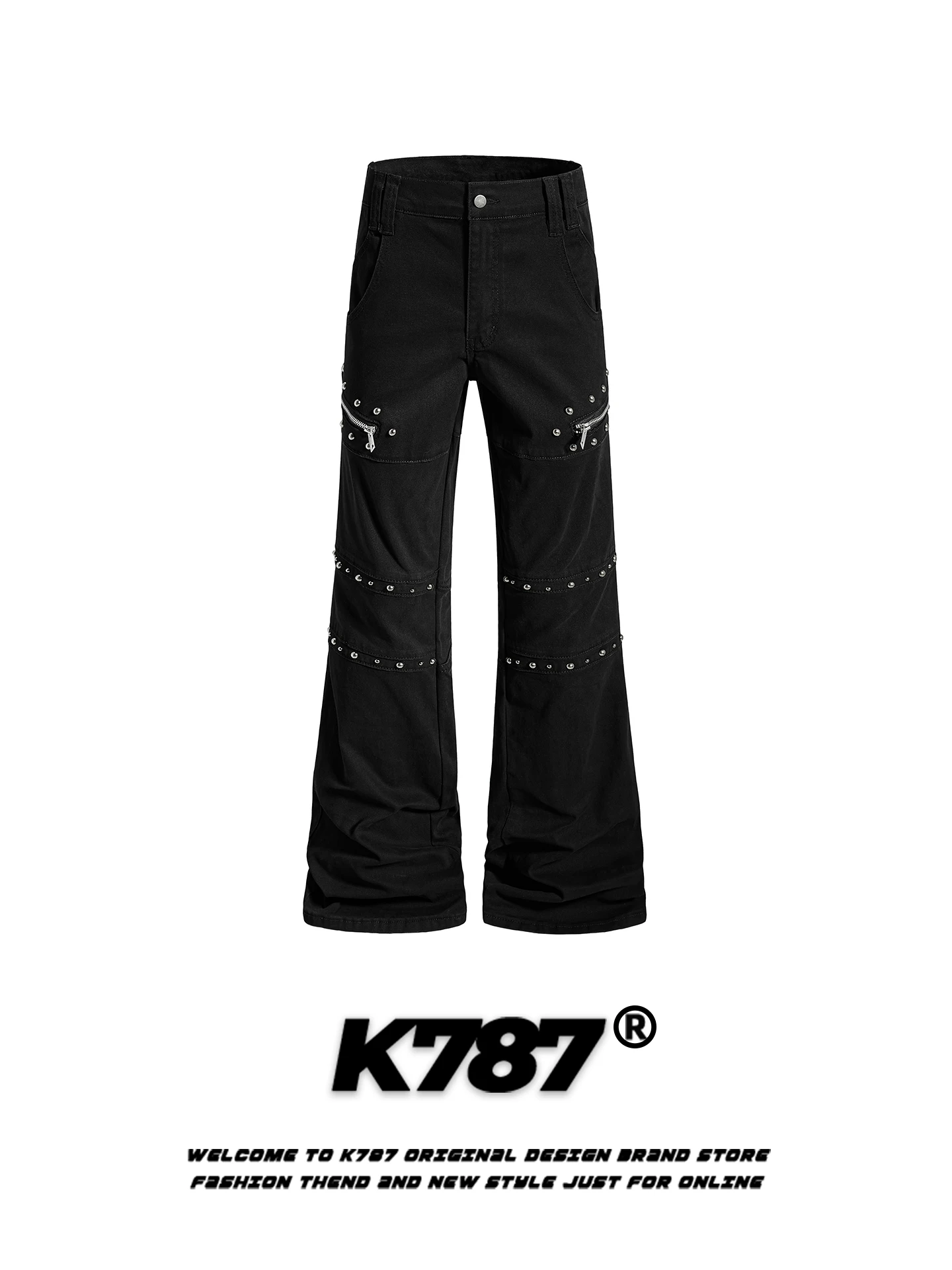 

K787 American Retro Rivet Decorated Flared Pants High Waist Floor Length Casual Loose Fit Men's Women's Street Style Jeans