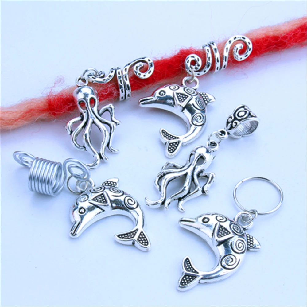 3 Pcs Octopus Dolphin Charms Spiral Hairpins Snake Spring Hair Braid Dreadlock Clips Cuffs Rings Jewelry Accessories Hair Rings