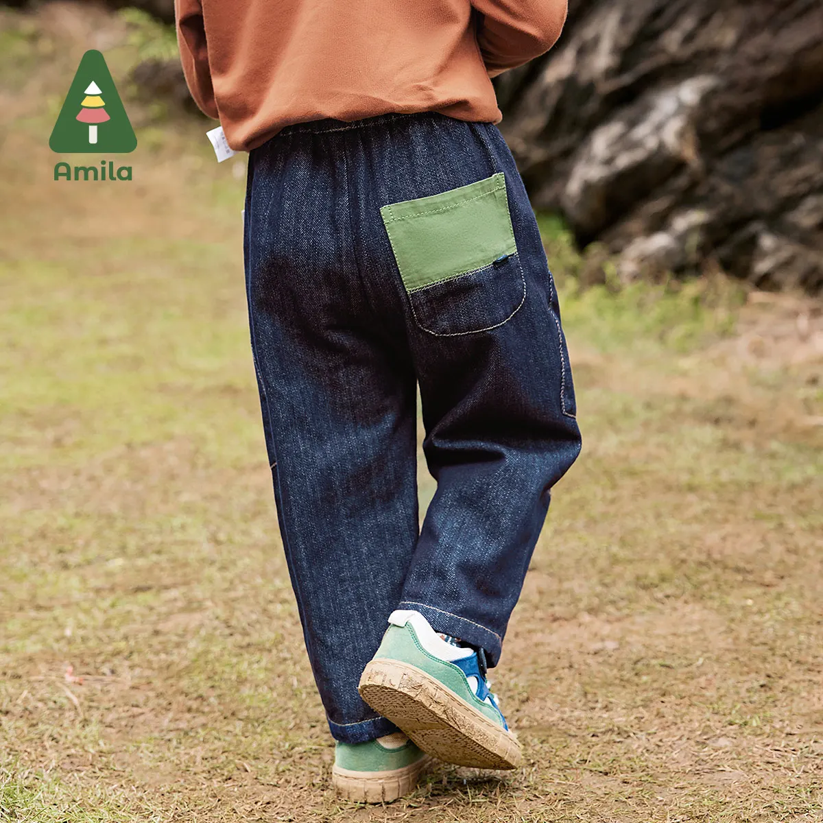 Amila Baby Jeans 2024 Autumn New Boys Outdoor Workwear Splicing No Fading Durable Loose Casual Breathable Children's Trousers