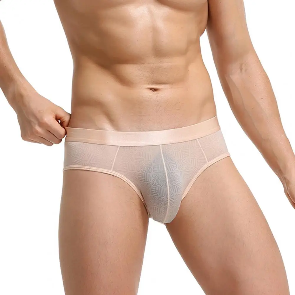 Breathable Ice Silk Men Briefs Mid Waist Mesh Jacquard Stretchy Underwear Underpants Male See Through Panties