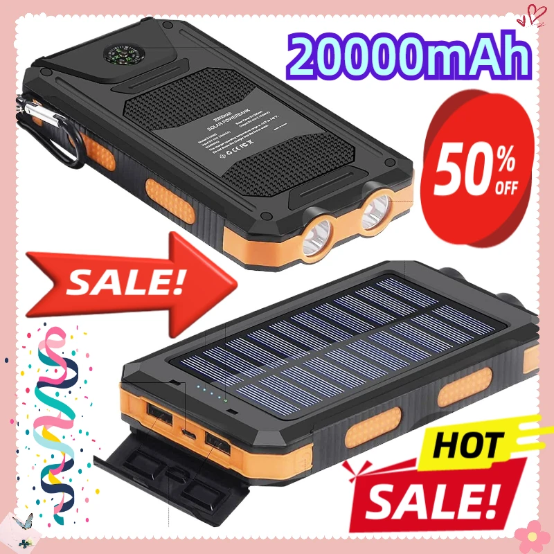 

For Iphone Portable Solar Power Bank with Dual 5V USB Ports 2 Flashlight Compass Battery Pack for Outdoor Camping Hiking