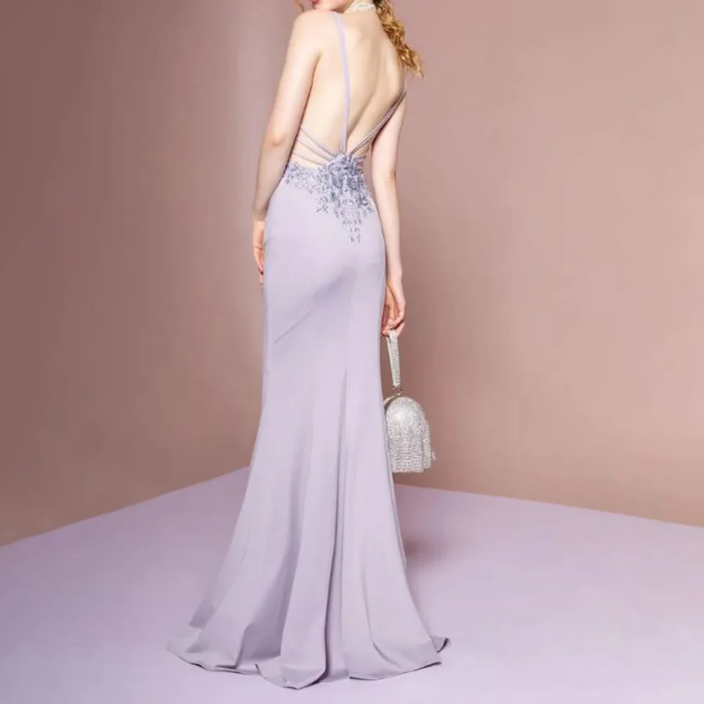 Mermaid Jersey Spaghetti Straps V Neck Ruched Appliques Low Back Floor Length Prom Evening Gown Robe de Soirée