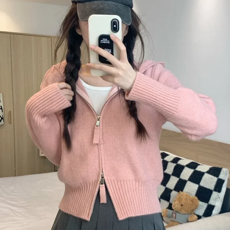 

Women's Autumn Winter Double Zipper Short Sweat Hot Sale Of The Season New Pure Color Anti-Aging Hooded Knitted Cardigan Sweater