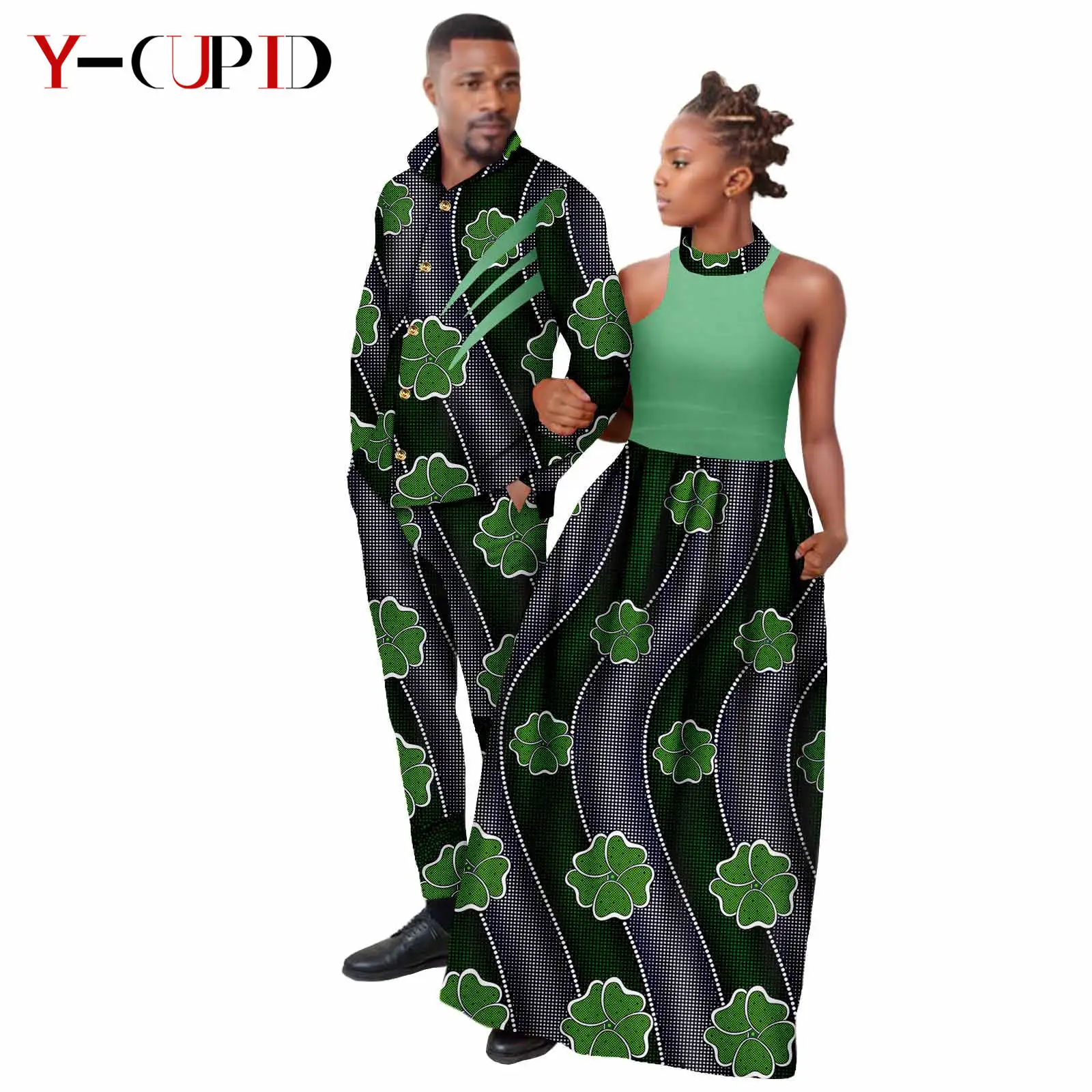 

African Print Long Dresses for Women Matching Couple Clothes Bazin Riche Men Outfits Dashiki Shirt Top and Pant Sets 24C047