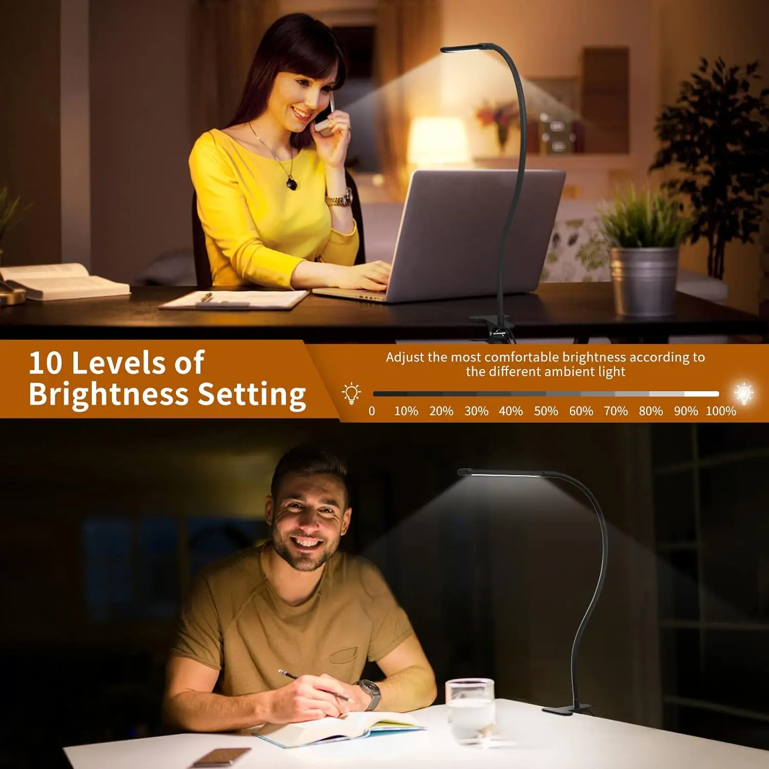 LED Desk Lamp with Clamp Adjustable 3 Color Modes 10 Brightness Level Table Lamp USB Eye Caring Flexible Gooseneck Desk Light