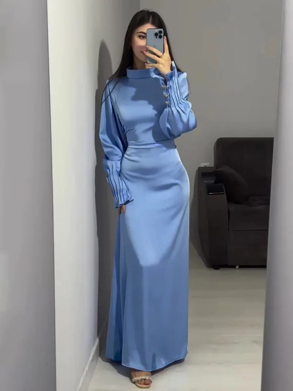 Abaya-Robe longue musulmane en satin pour femme, coupe couvertes, manches pétales, robes de soirée marocaines, ramadan, islam, dubaï, arabe,