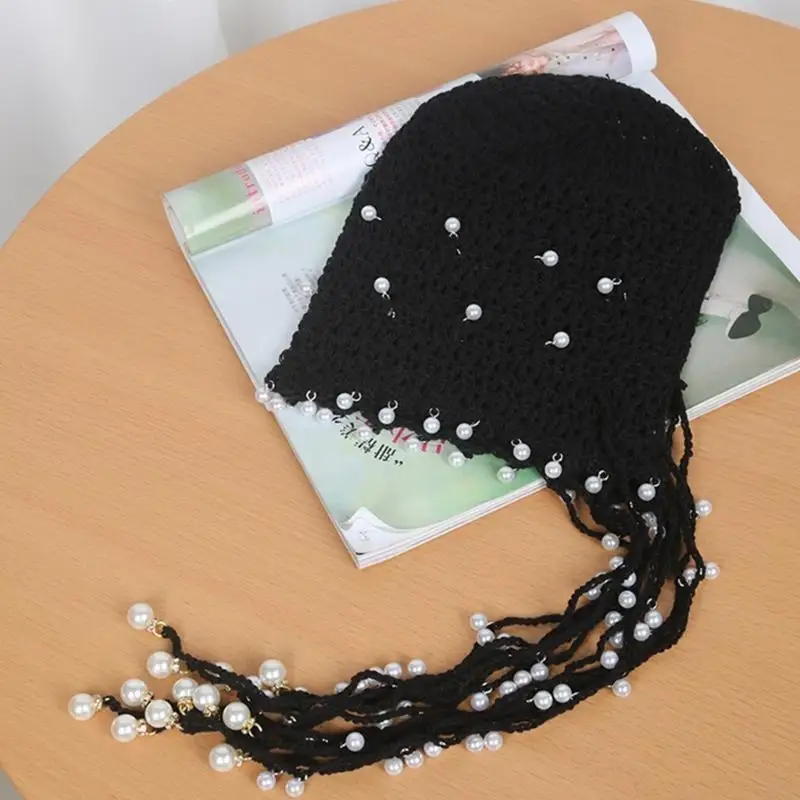 

L5YA Handmade Beanie Hat Simple Cloches Beanie Hat Crocheted Hat with Pearls