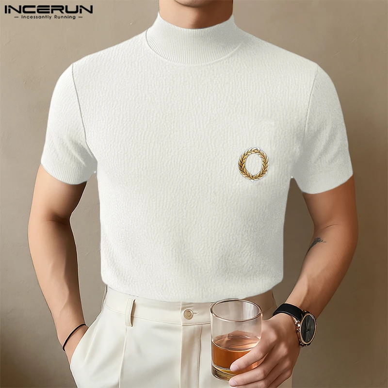 

Men T-Shirts INCERUN Embroidery Tops Tee Solid T Shirt Fashion Short Sleeve Summer Tops Men's Clothing Streetwear Oversize S-5XL