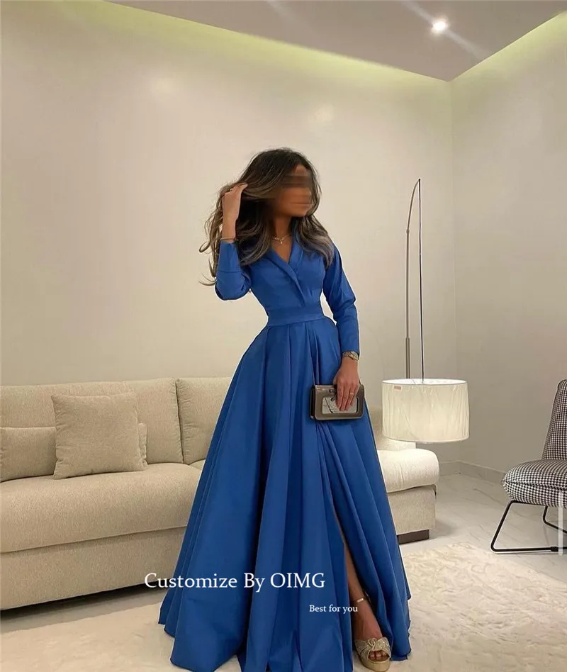 OIMG Vintage Blue Matte Evening Dresses Long Sleeves Saudi Arabic Women Formal Party Occasion Dress Prom Gown Split Customized