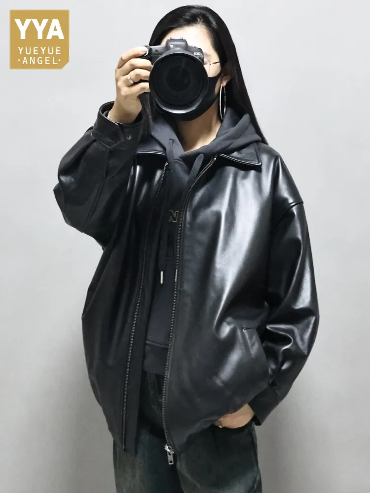 ワンサイズレディースブラックナチュラルシープスキンジャケット秋冬ジッパールーズリアルレザーコートワークレディースラペルカジュアルジャケット