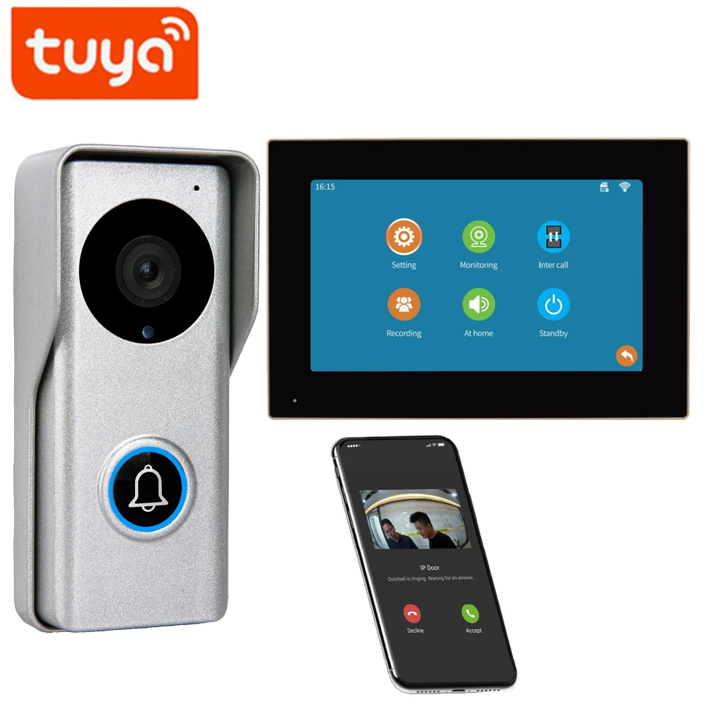 Tuya WiFi Video Intercom Kits para Casa, Vídeo Vida Inteligente, Câmera HD, Chamada de Vídeo, Monitor de Desbloqueio por Toque, Interfone Casa, 2.4