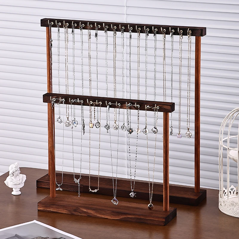Walnut Wood Color Iron Hook Necklace Display Stand, Jewelry Organizer Rack for Store & Home, Hanging Holder for Necklaces &