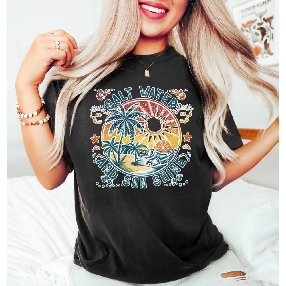 Salt Water and Sunshine Shirt Retro Tropical Beach Graphic Tee Coastal Summer Fashion Casual High Quality Cotton Summer Shirt