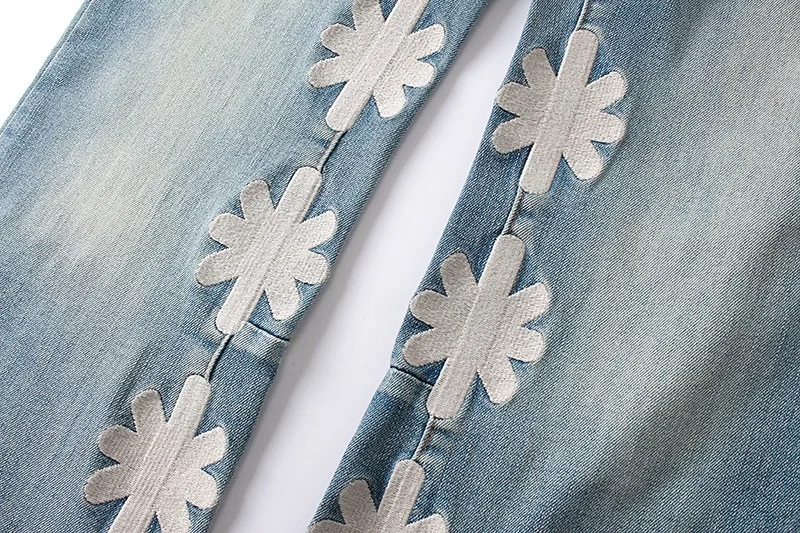 シンプルなヘビーデューティ刺繍高品質ヴィンテージウォッシュライトブルー LOSTSHDWS ジーンズハイストリートファッション男性女性
