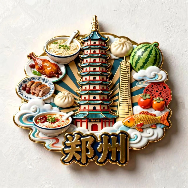 Henan Zhengzhou Roasted Chicken Noodles Bun 3D Metal Fridge Magnets China Tourism Souvenirs Refrigerator Magnetic Stickers