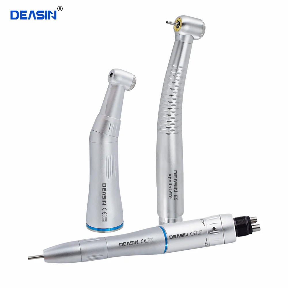 DEASIN Dental Handpiece Contra Angle Straight 2/4 Hole Air Motor Push Button High & Low Speed Turbine Kit