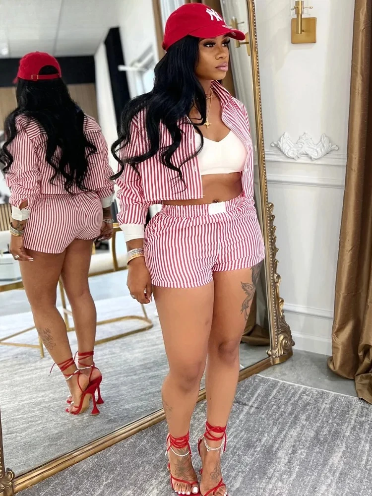 

Women's Red Striped Blouse Shirt Top And Matching Shorts Set Summer Tracksuits Set 2 Piece Outfits Workout Overalls