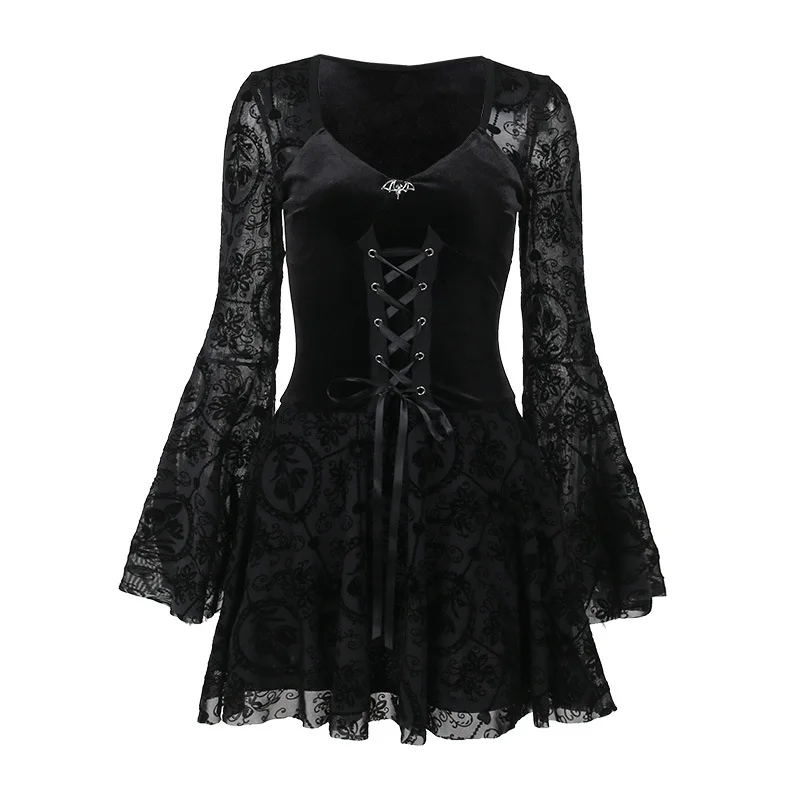 Medieval Gothic Style Dark Bell Sleeve Mesh Flocking Long Sleeve Mini Dress Women's A-Line Skirt Halloween Costume Cosplay