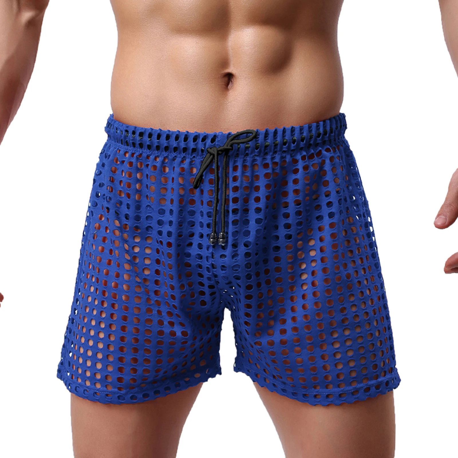 Men's Fishnet Casual Shorts Solid Color Mesh Drawstring Loose Lounge Shorts Swim Shorts