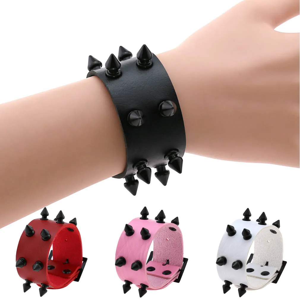 Gothic Punk Alternative Exaggerate Individuality Cone Spike Rivet Second row Leather Wide bangle Wristband Bracers Bracelet