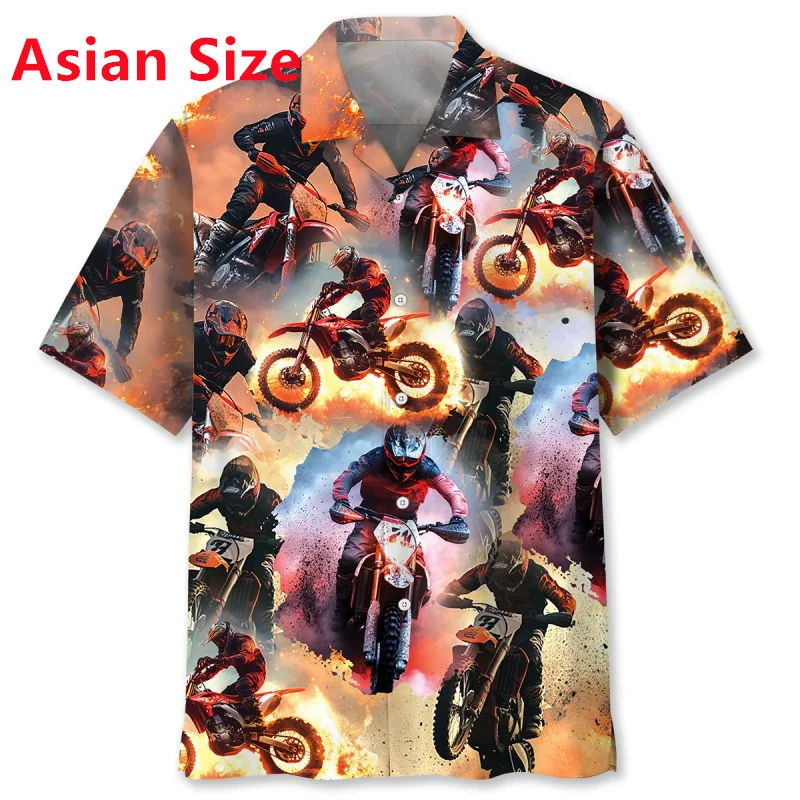 3D Print Motocross Racing Fire Hawaiian Shirts For Men New In Summer Short Sleeve Button Up Beach Shirts Blouse Mens Aloha Shirt