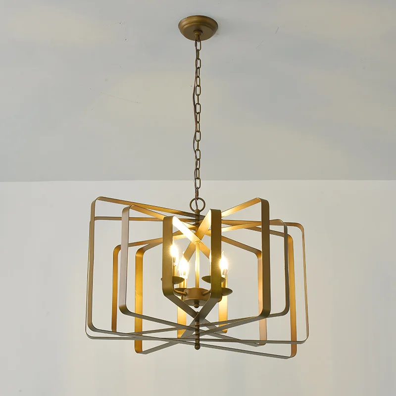 

American Light Luxury Chandelier Dining Room Bar Lamp Iron Old Golden Personality Simple Geometric Living Room Bedroom Lamp