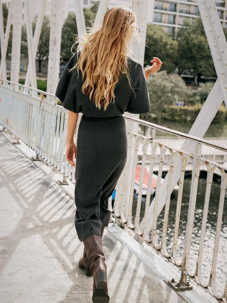 Hiver 2025 nouveau femmes tricoté Midi Dr avec ceinture une épaule Sle ethnique Costume scène Performance Faionable robe