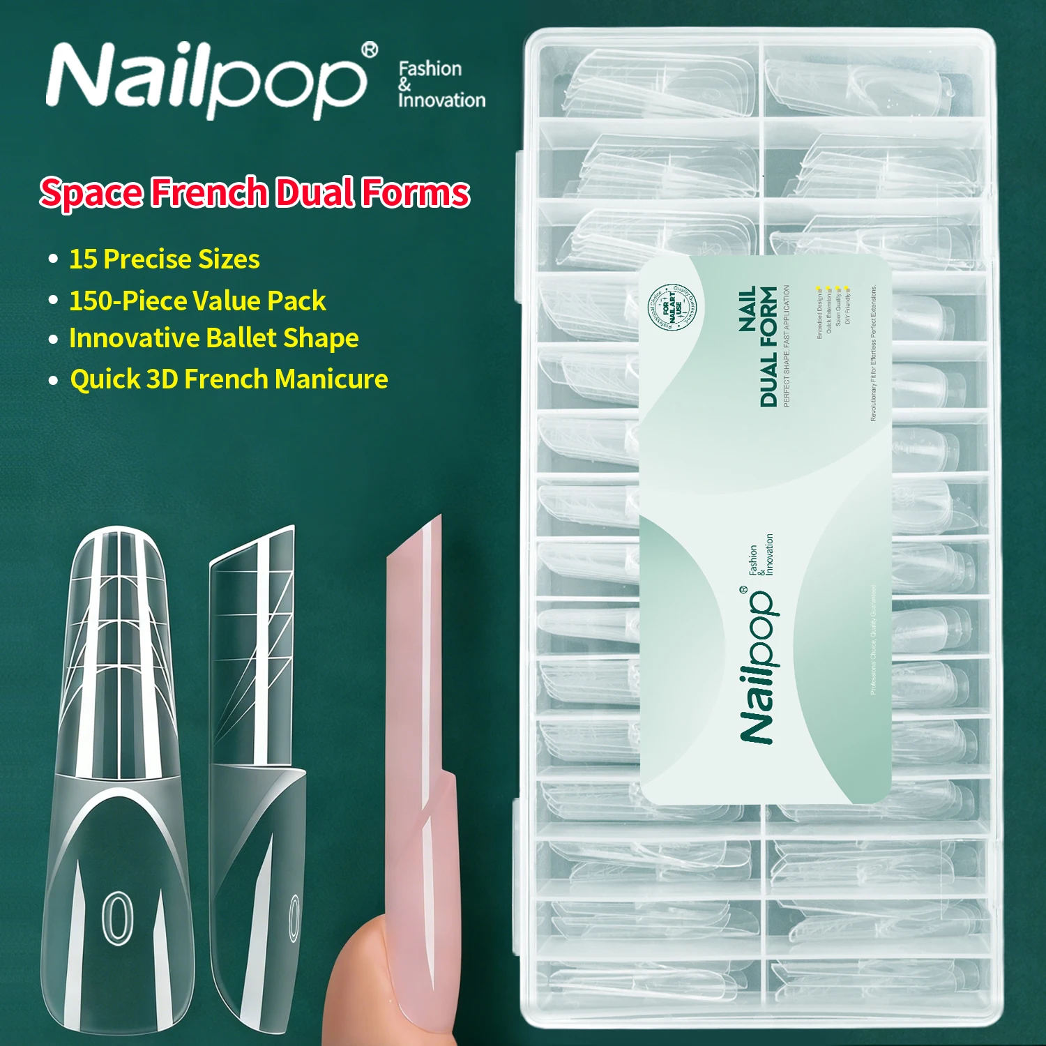 

Nailpop 15sizes Ballet French Nail Dual Forms Extension Molds Reusable PP with 3D Smart French Guide Line for Manicure 150pcs