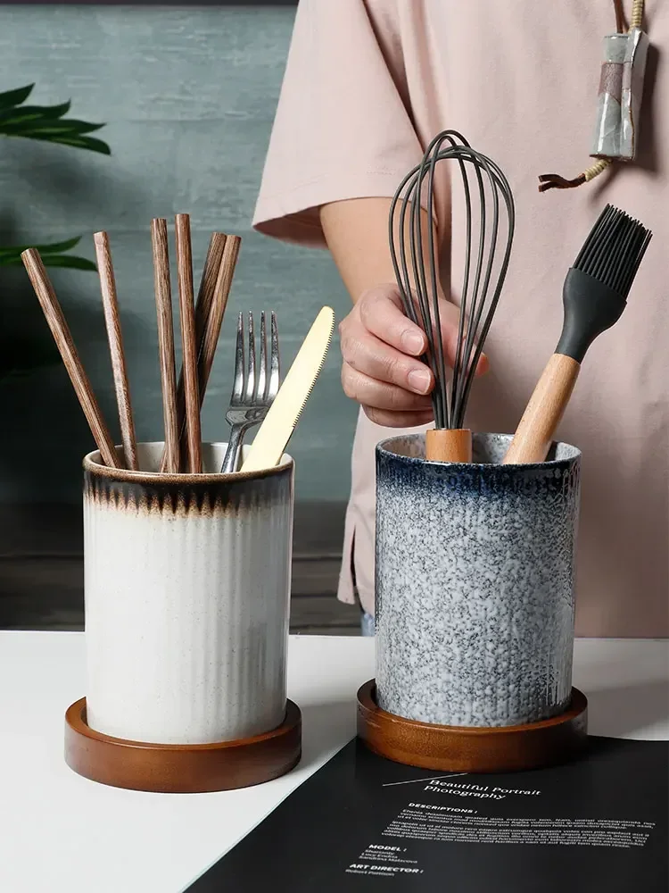 Creative drain chopstick holder ceramic kitchen multifunctional large chopsticks spoon fruit knife and fork storage bucket