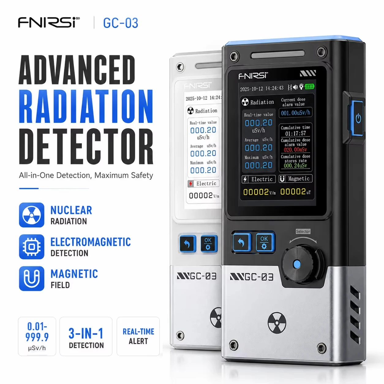 FNIRSI GC-03 3-in-1 Radiation Detector Nuclear/Electric/Magnetic Field RF Power Temp Monitor Personal Dosimeter Geiger Counter