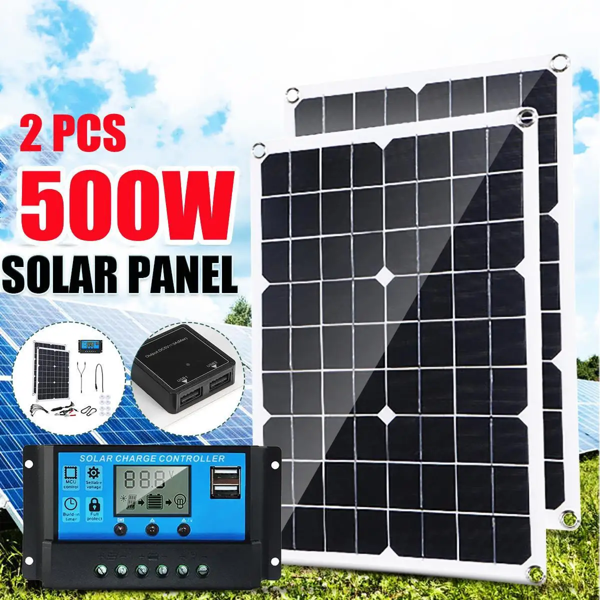 Banco de energia portátil do painel solar Kit Painel solar Placa solar para casa, Camping, RV, carro, carregador de bateria rápido, controlador 12V, 500W, 1000W