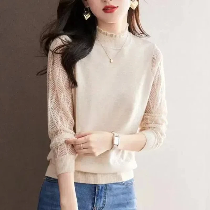 Autumn Winter Lace Patchwork Solid Color Pullover Sweater Knitted Women\'s Clothing Casual Long Sleeve Half High Collar Tops