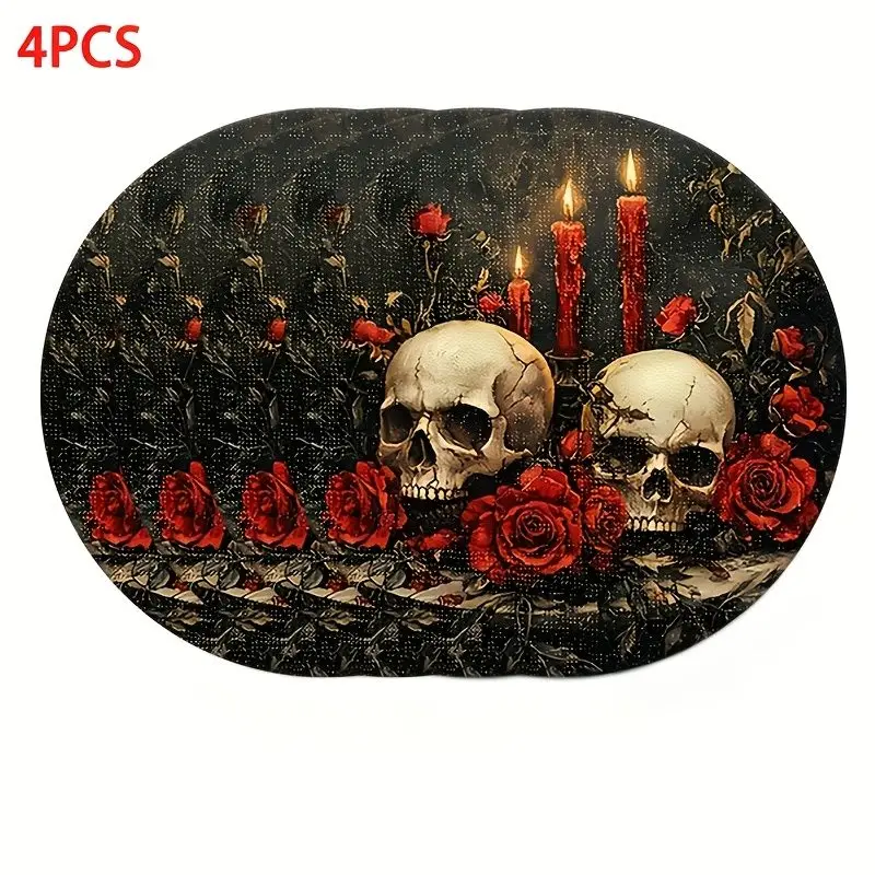 VIKAMA Dark Oil Painting Skull Red Rose Candle Meal Mat Thermal Insulation Fabric Table Mat Gothic Halloween Table Decoration