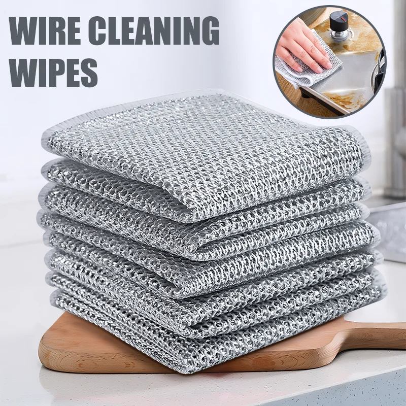 Paños de limpieza de alambre de acero, doble capa, Metal mágico, cables plateados, trapos, paños de cocina, olla, sartén, plato, trapos de aceite antiadherentes