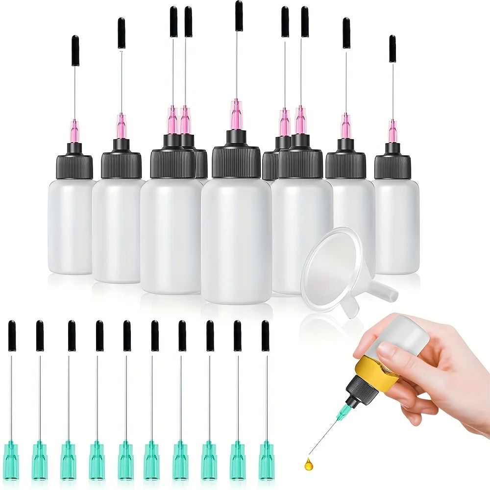 50ml Kunststoff-Quetschflasche, Ausgestattet mit Grünem und Rosa Stumpfem Nadelspitzenaufsatz, Schwarzem Gummistopfen, Geeignet für Basteln, Klebstoff, Nähmaschinen, DIY, etc.