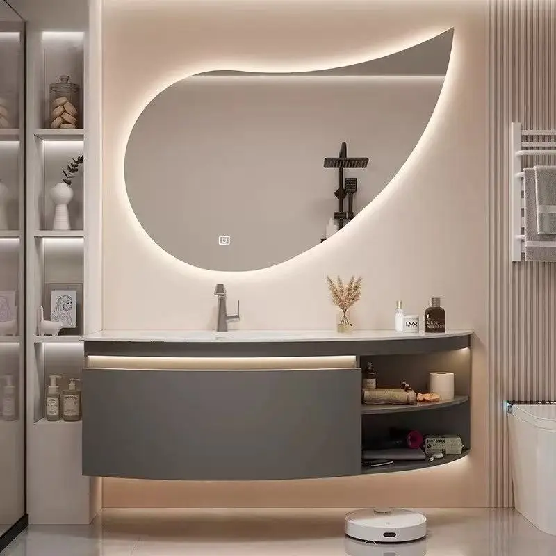 

A Light luxury rock slab hot bending integrated basin arc bathroom cabinet special-shaped side grid washbasin cabinet