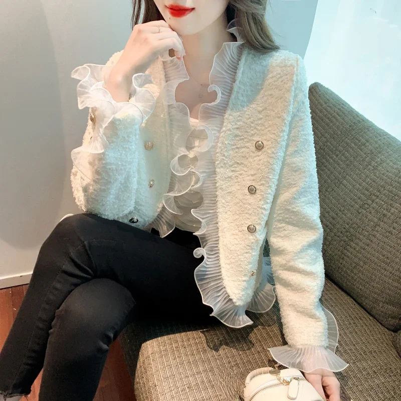 Spring Fall Women Sweet Ladies double breasted buttons white black ruffles patchwork Jacket Coat , Autumn Elegant Woman Coats