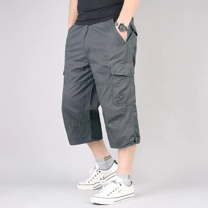 

2025 Summer Men Cotton Cropped Trousers Oversized Casual Shorts Multi Pocket Overall Pants Men Army Green Cargo Pants