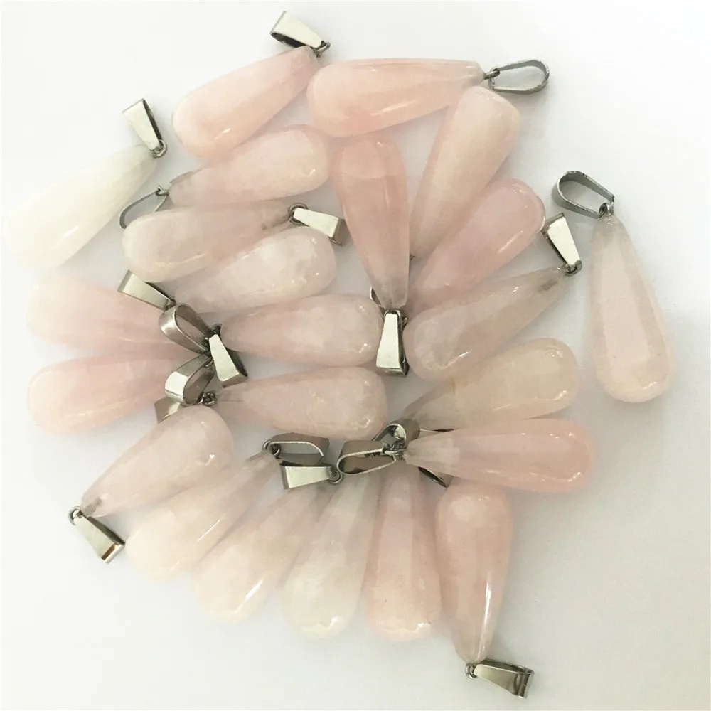 NEW!Fashion Natural Roses Quartz Pink Crystal Water Drop Stone Pendants   For Women Jewelry Making 24x10mm  50pcs/lot