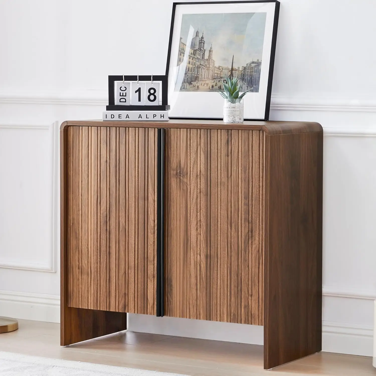 

30.7" Fluted Sideboard Buffet Cabinet With Storage, Walnut 2 Door Sideboard Buffet With Curved Edge, Accent Storage Table With A