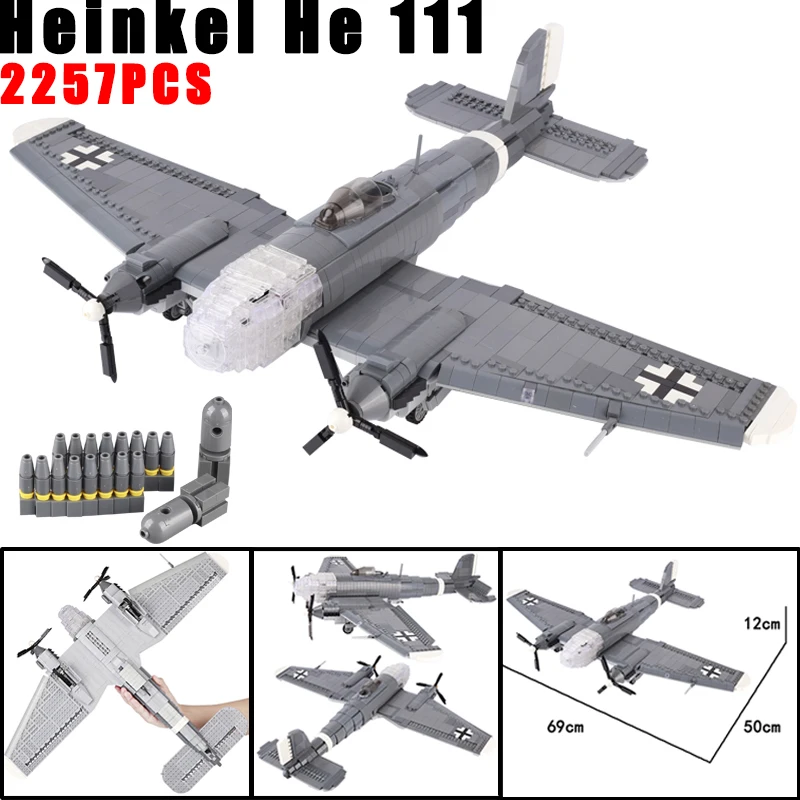 WW2 Germany Military Aircraft Fighter Model Building Blocks Heinkel He 111 Bomber Weapons War Scene Bricks Assemble Toys Gift