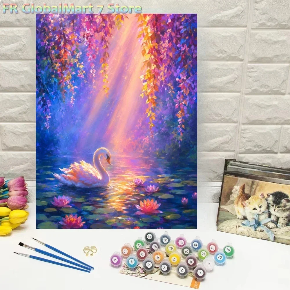 Diamond PaintingBy Numbers White Swan Lotus Pond Purple Pink Leaves Wall Decor for Living Room Bedroom Home Decor Gift No Fram