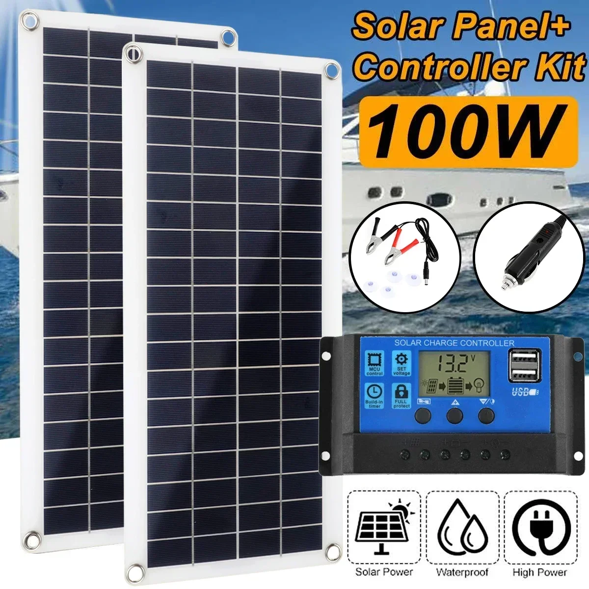 

100W Solar Panel Kit Dual 12V USB with 30A/60A Controller Solar Cells Poly Solar Cells for Car Yacht RV Battery Charger