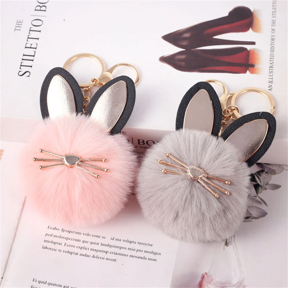 Fluffy Rabbit Fur Ball Cat Head Keychain Pompom Key Chain Imitation Rabbit Hair Keyring Holder Bag Charm Trinket Chaveiros